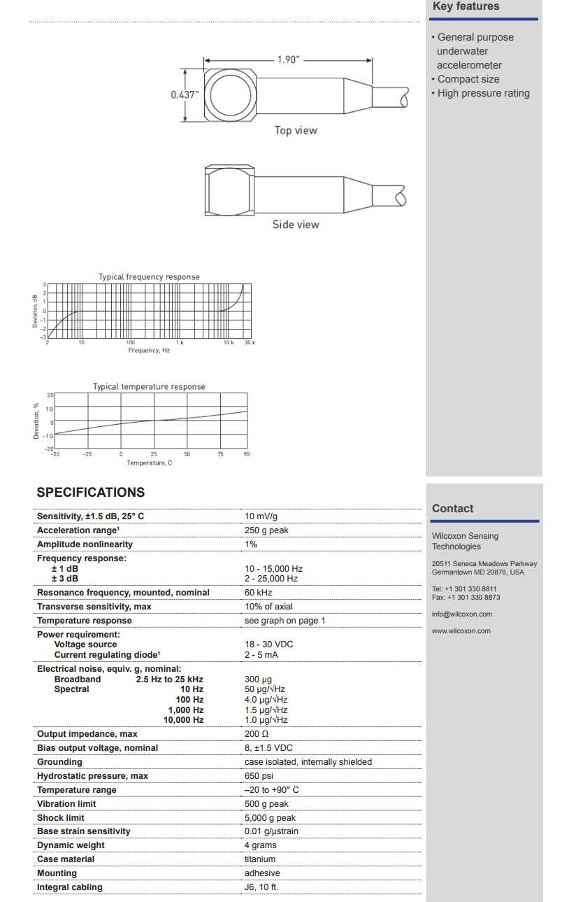 威爾康森微型水下加速振動計技術參數