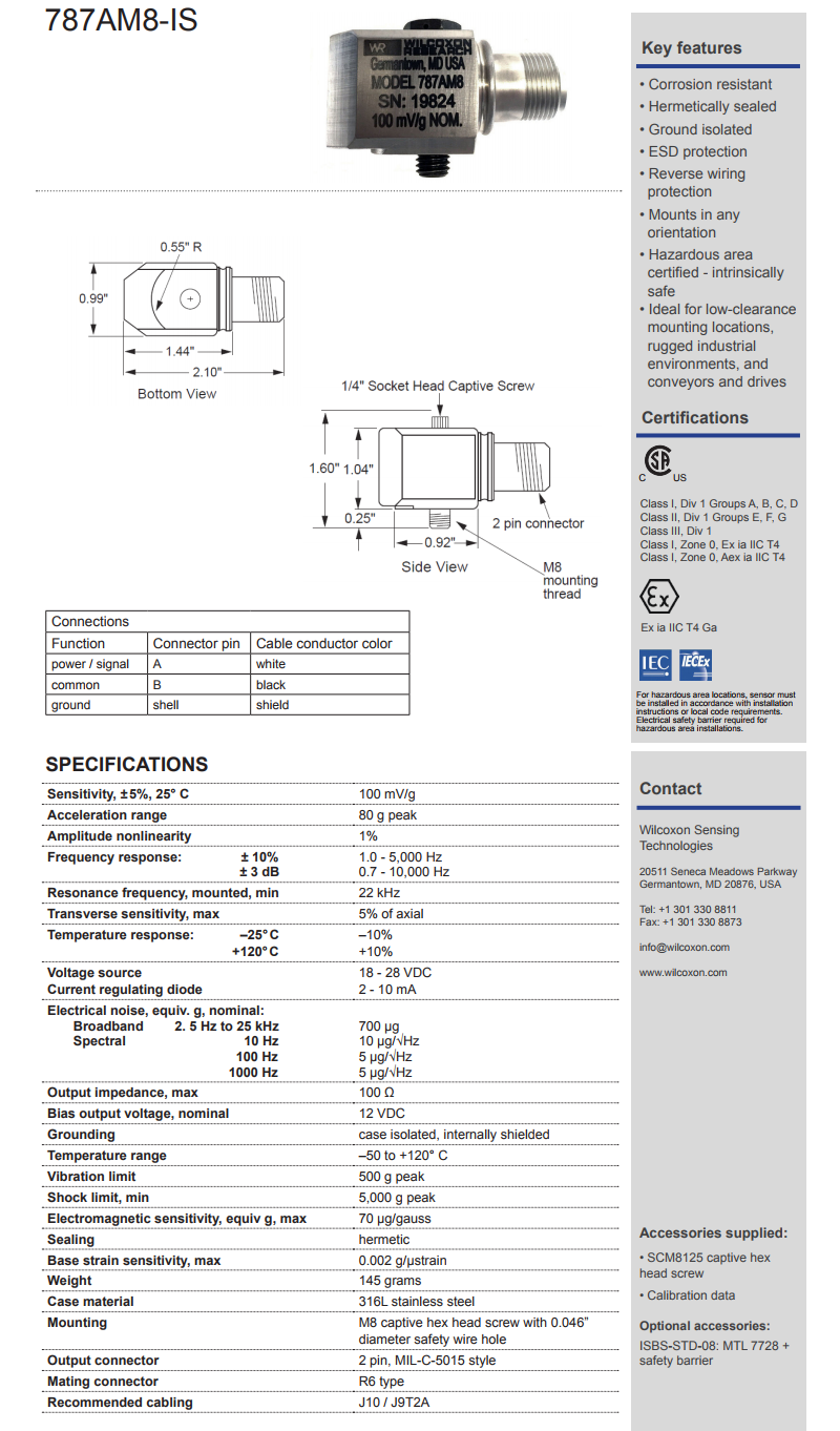 威爾康森通用加速度振動計787A-M8-IS型jishucanshu