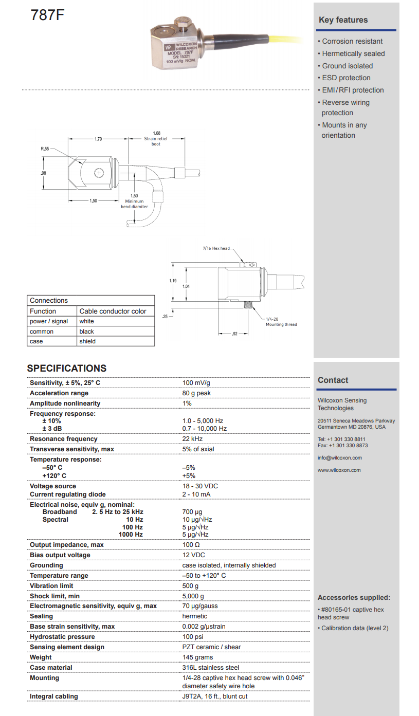 威爾康森整體電纜加速度振動(dòng)計(jì)787F型技術(shù)參數(shù)
