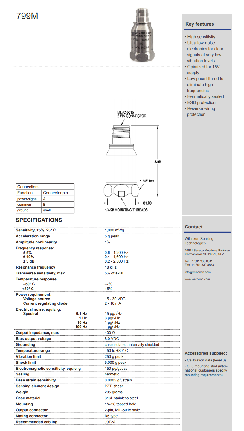 威爾康森優質過濾，高靈敏度振動傳感器799M型技術參數
