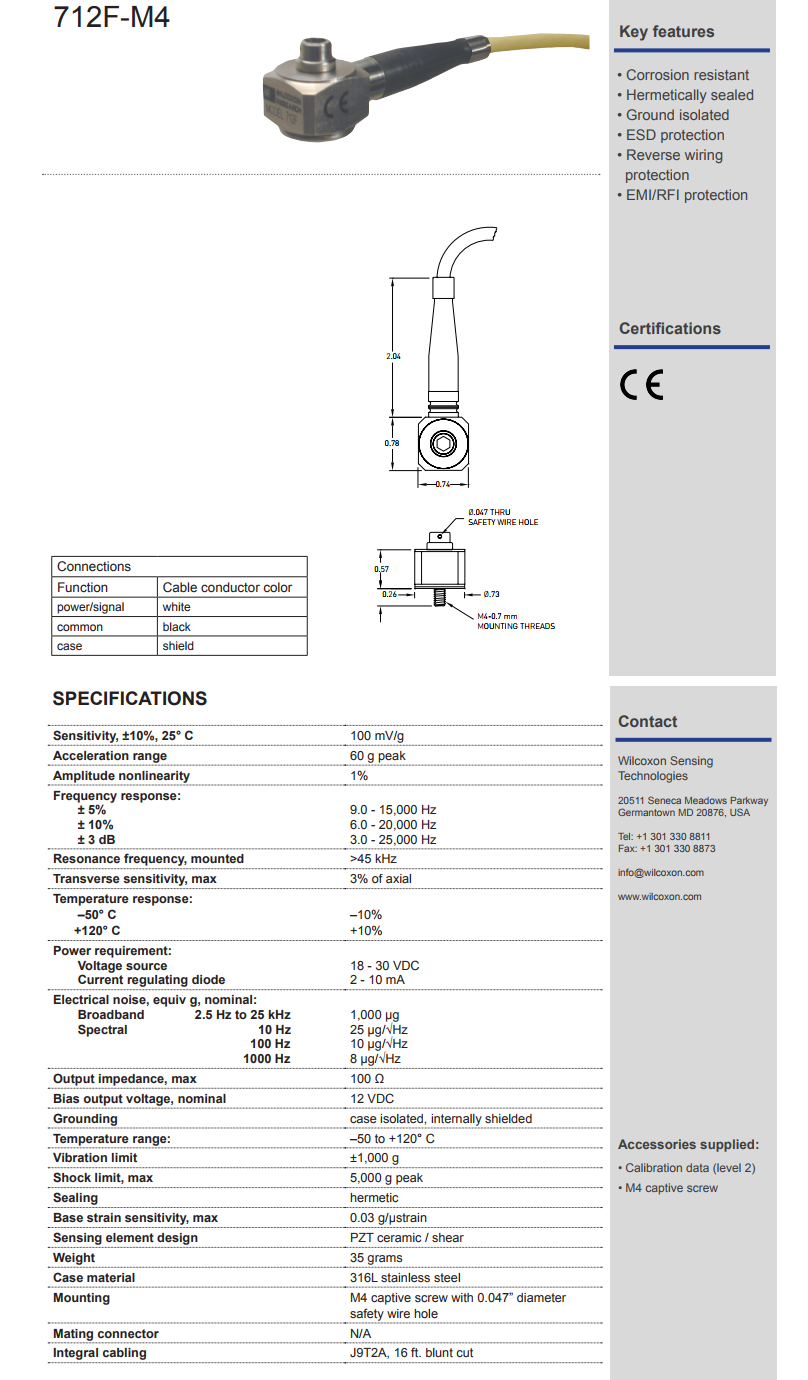 威爾康森帶集成電纜的高頻振動傳感器技術(shù)參數(shù)