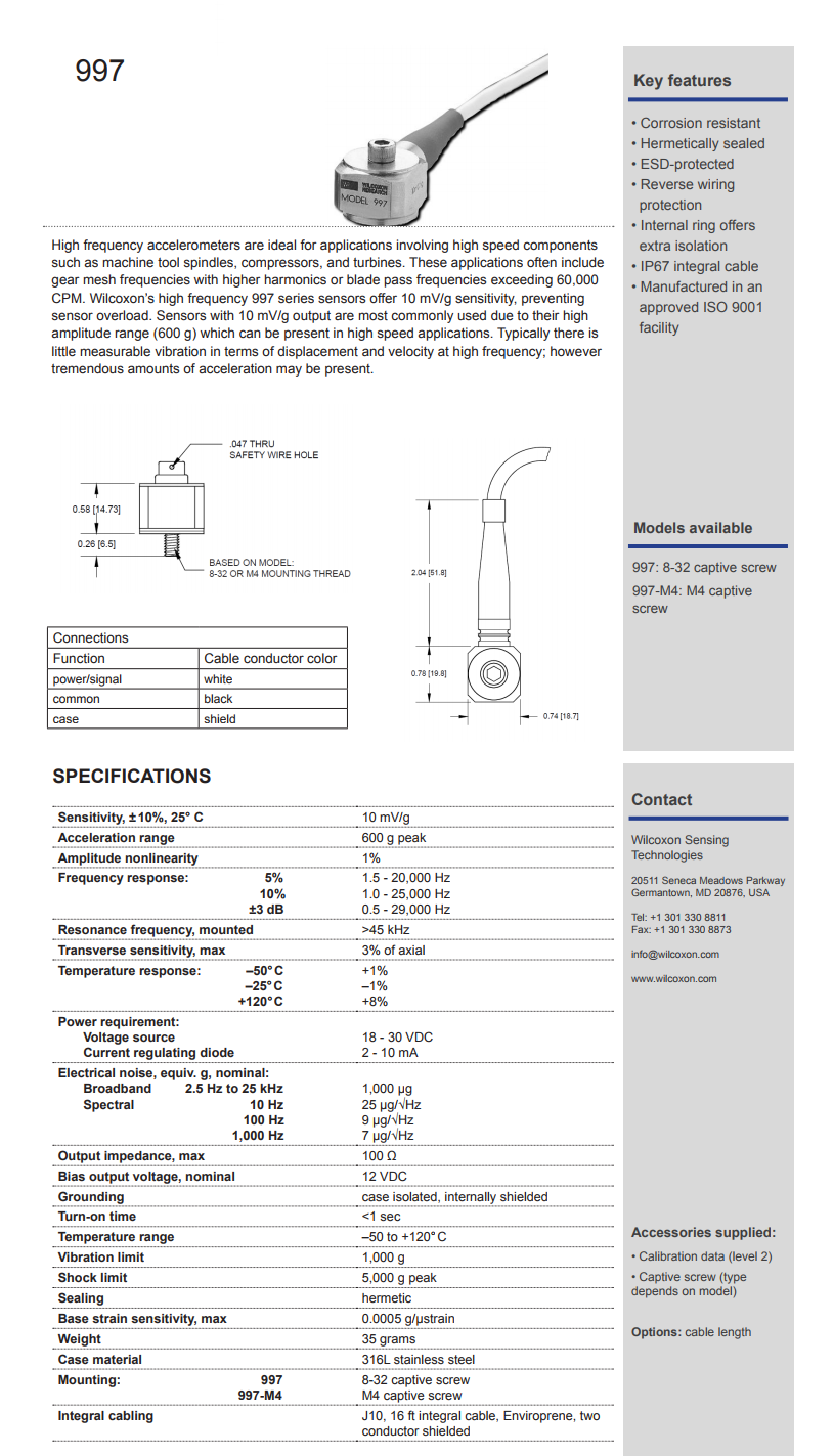 威爾康森帶集成電纜的高頻振動傳感器997型技術參數