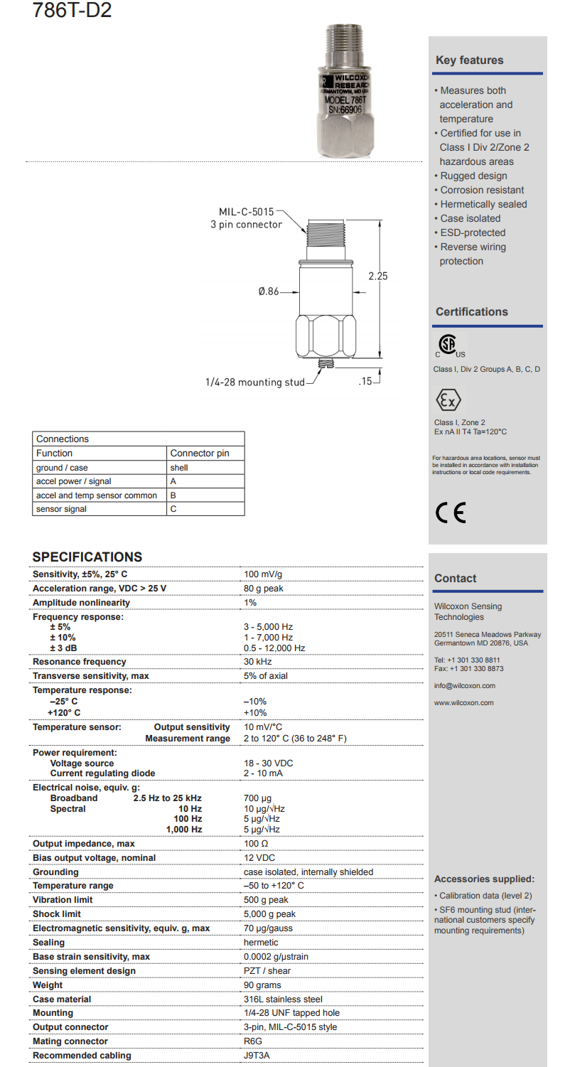 威爾康森經濟實惠的雙輸出振動傳感器786T-D2型技術參數