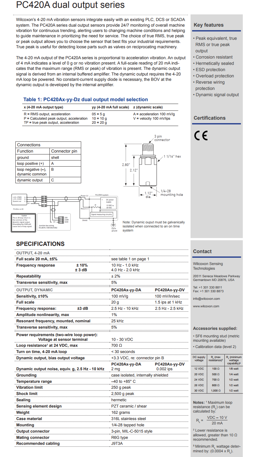 威爾康森帶有動態振動輸出的4-20mA回路供電振動傳感器PC420AR-05-DA型的 技術參數