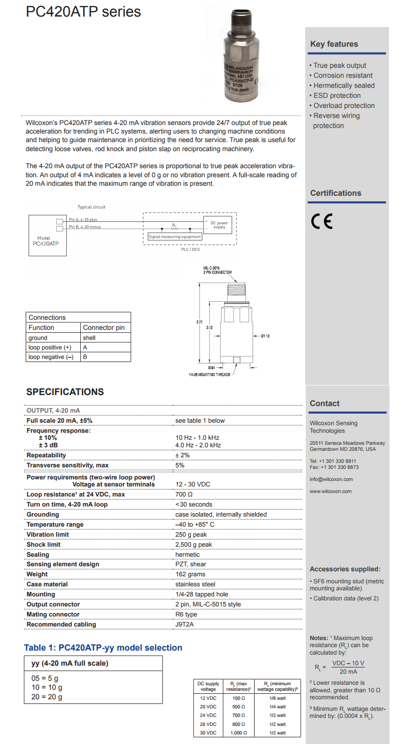 威爾康森4-20mA回路供電振動傳感器PC420ATP-20型技術參數