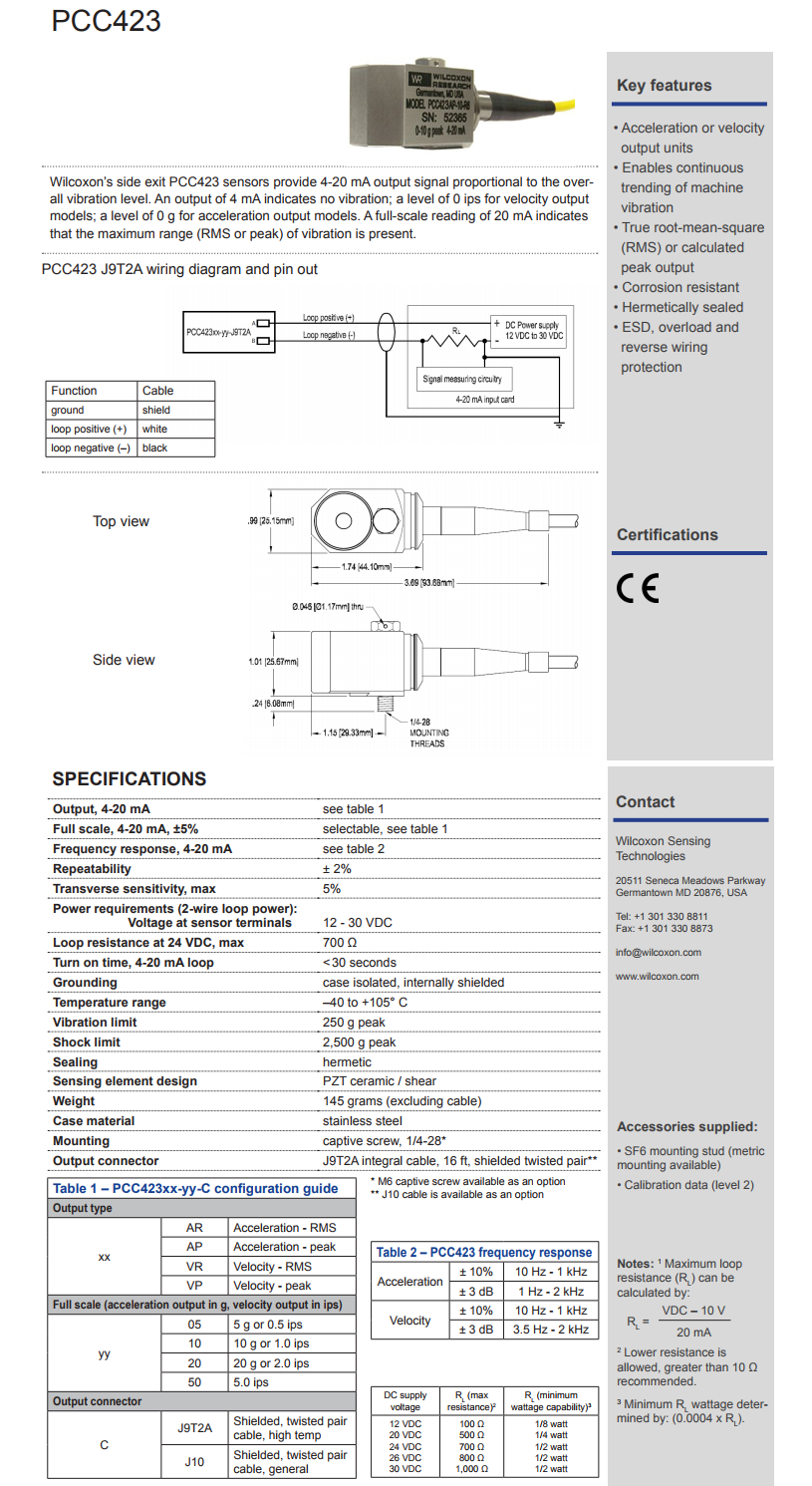 威爾康森4-20mA回路供電振動傳感器PCC423VP-20-J9T2A型技術參數