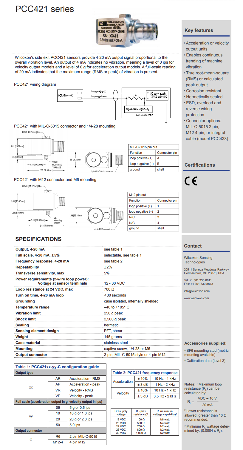 威爾康森4-20mA回路供電振動(dòng)傳感器PCC421VP-20-R6型技術(shù)參數(shù)