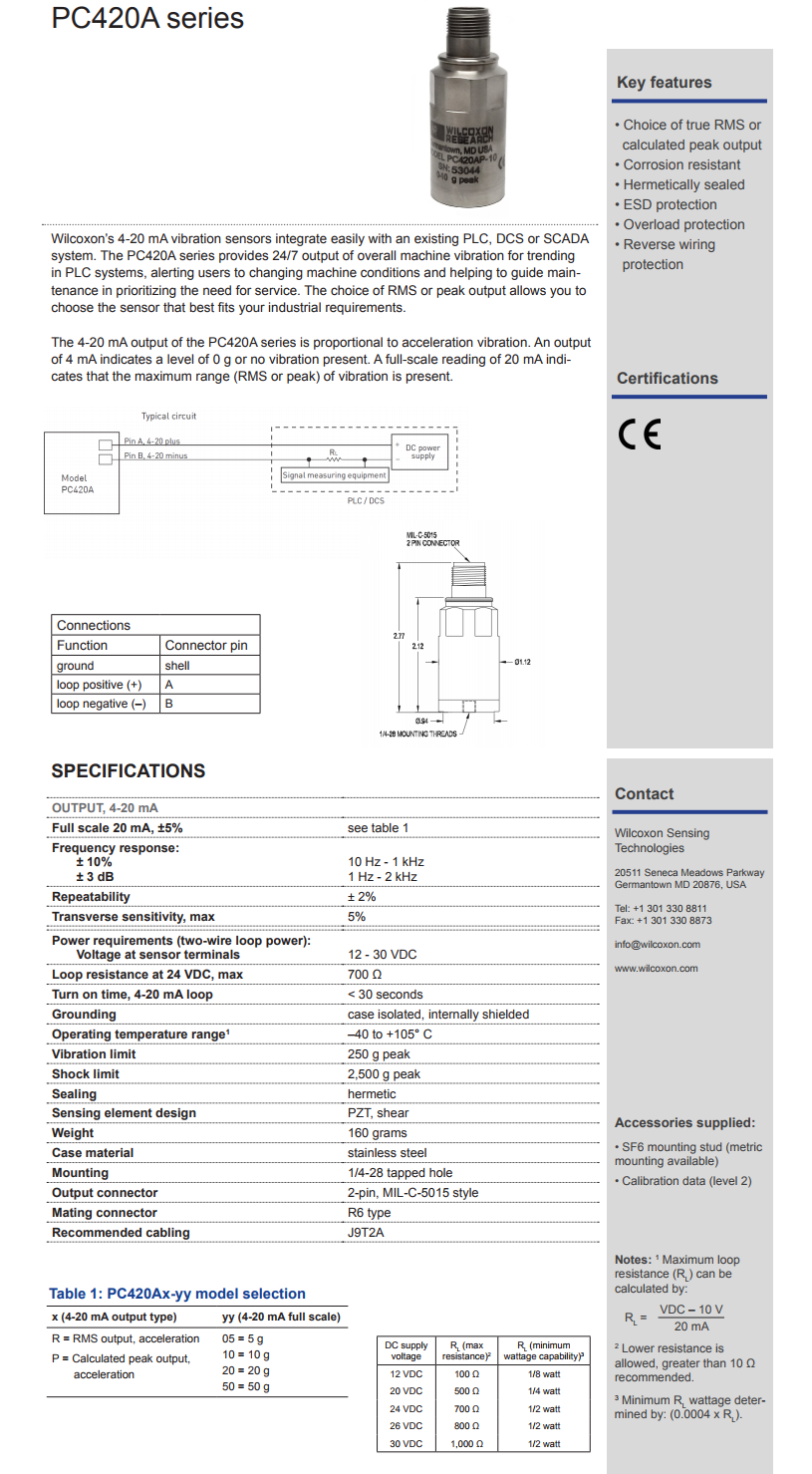威爾康森4-20mA回路供電振動(dòng)傳感器PC420AR-05型技術(shù)參數(shù)