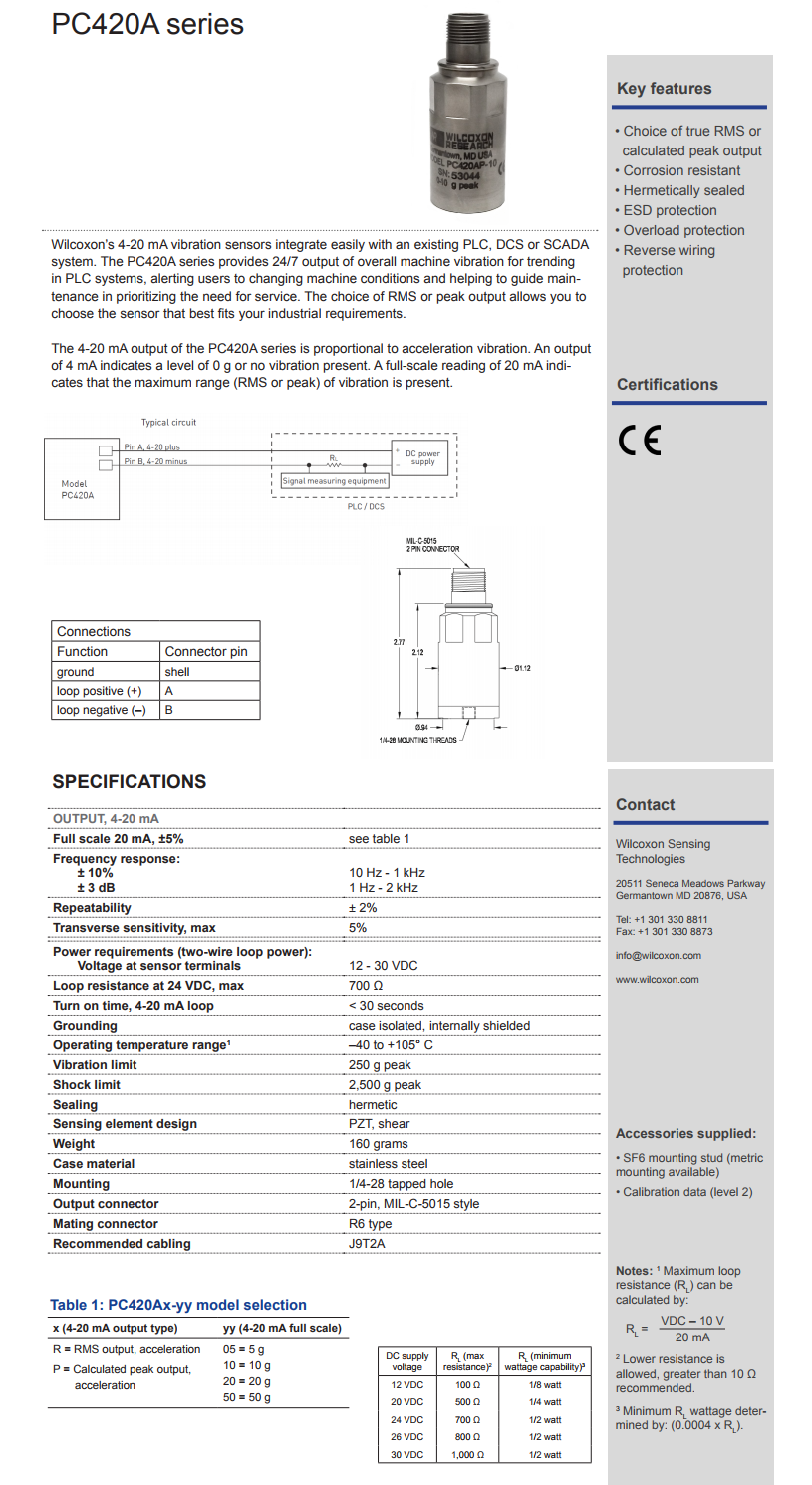 威爾康森4-20mA回路供電振動(dòng)傳感器PC420AP-10型