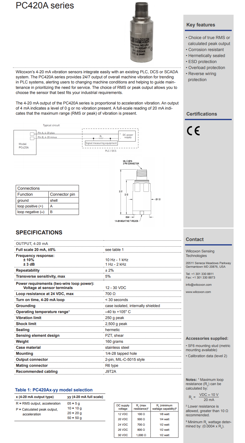 威爾康森4-20mA回路供電振動傳感器PC420AP-20型技術參數