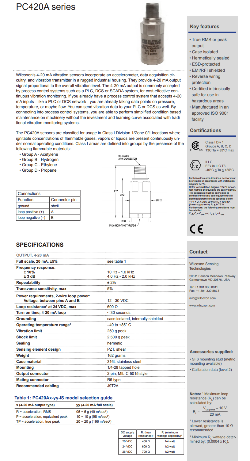 威爾康森回路供電振動傳感器PC420AP-10-IS型