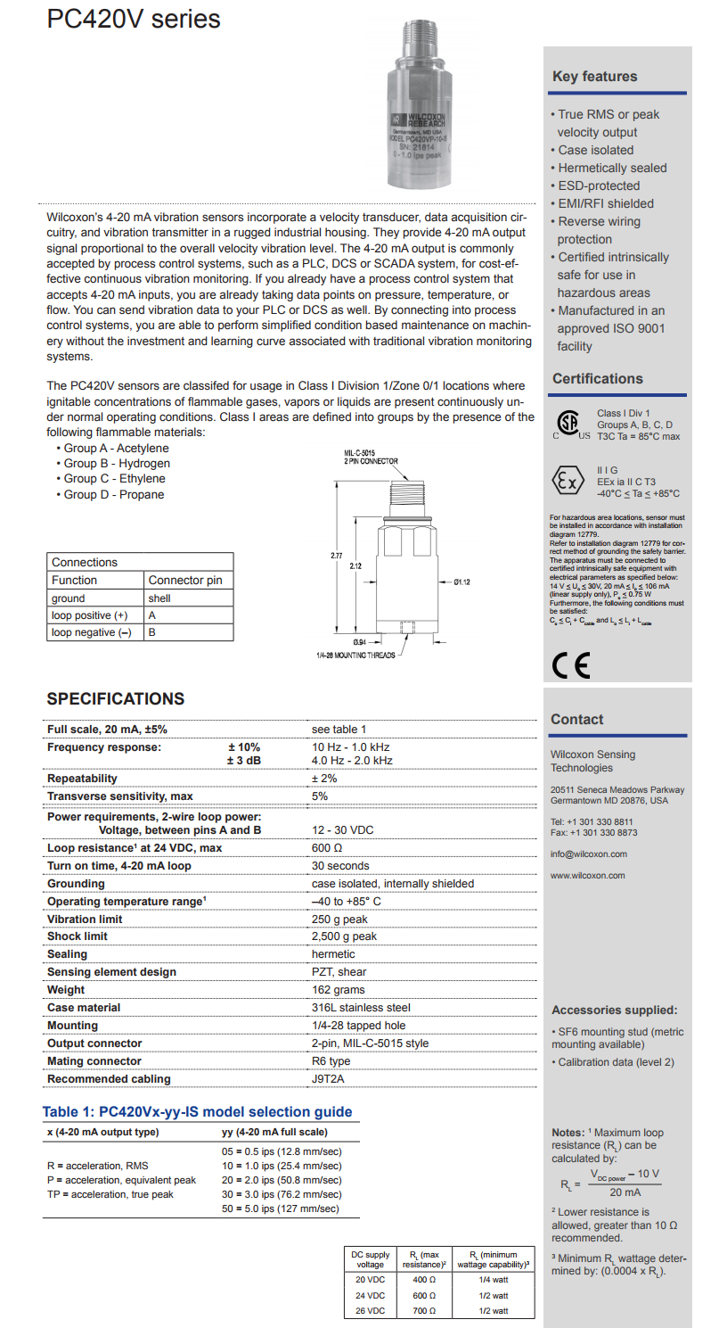 威爾康森回路供電傳感器PC420VR-20-IS型技術(shù)參數(shù)