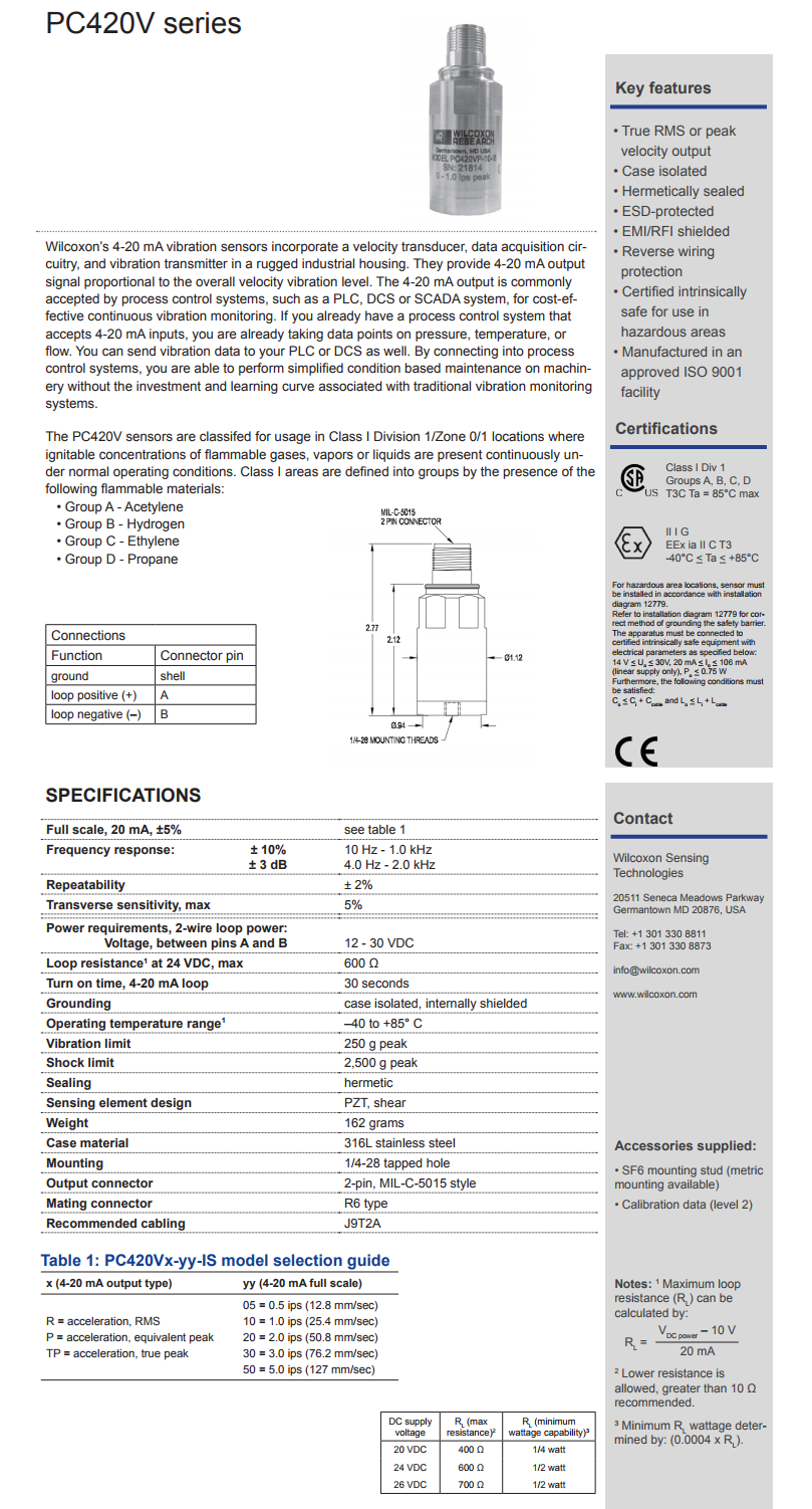 威爾康森回路供電振動傳感器PC420VP-30-IS型技術參數