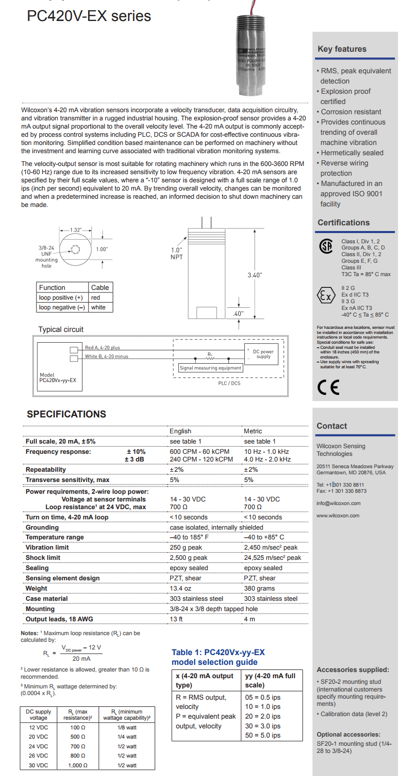 威爾康森回路供電振動(dòng)傳感器PC420VR-10-EX型技術(shù)參數(shù)