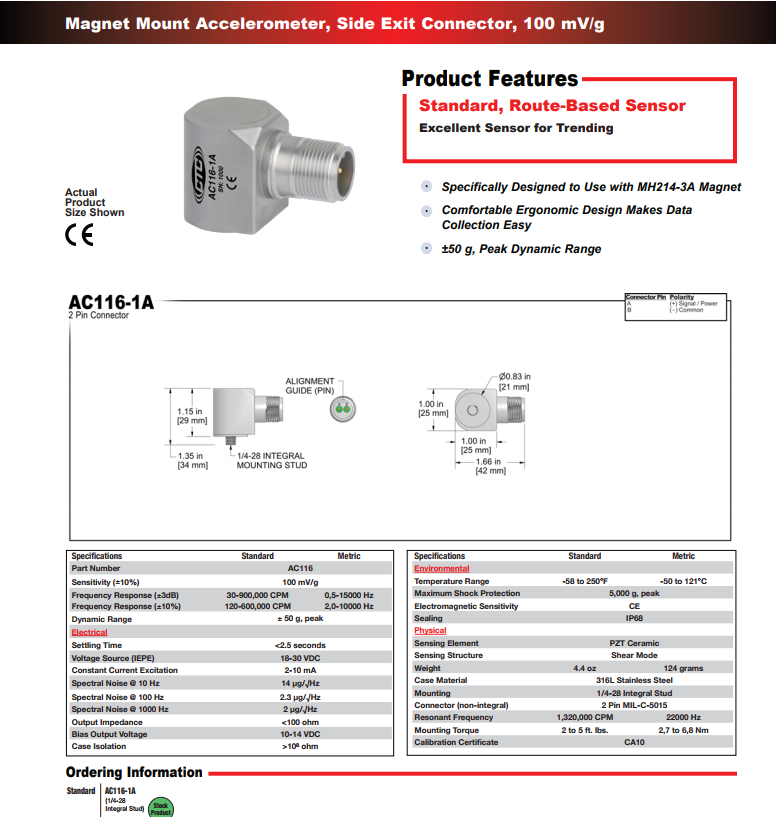 CTC標準尺寸磁鐵安裝加速度振動計AC116技術(shù)參數(shù)