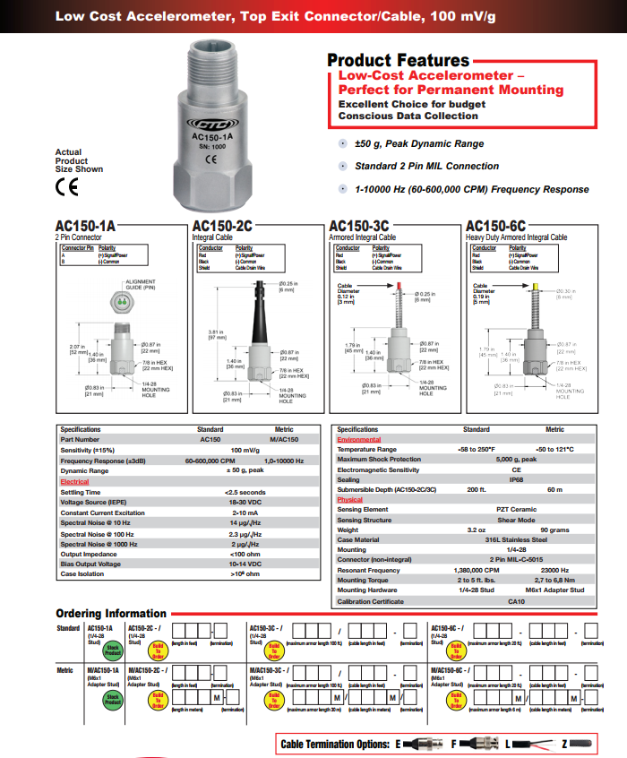 CTC標準尺寸低成本加速度振動計AC150 技術參數