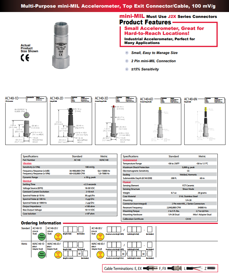 CTC小型加速度振動計AC140 技術參數