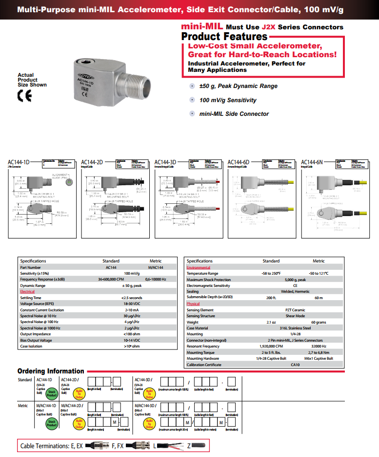 CTC小型加速度振動計AC144技術參數