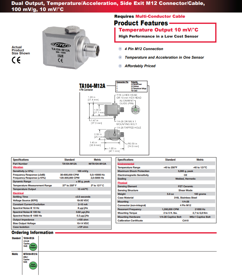 CTC雙輸出，溫度/加速度振動傳感器TA104-M12A 