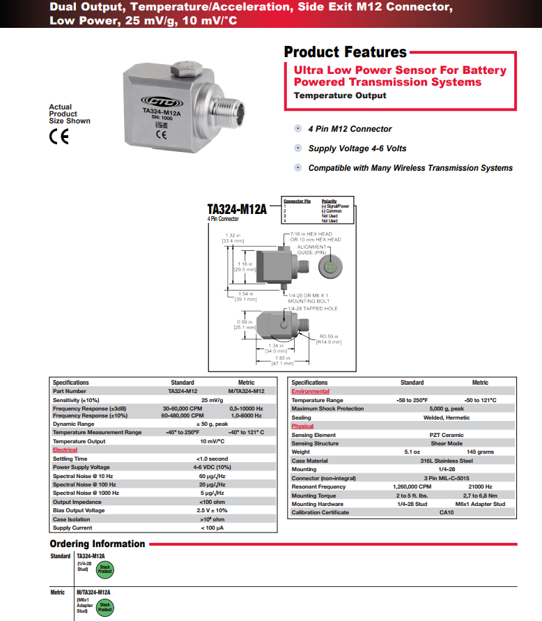 CTC 雙輸出，溫度/加速度振動傳感器TA324技術參數
