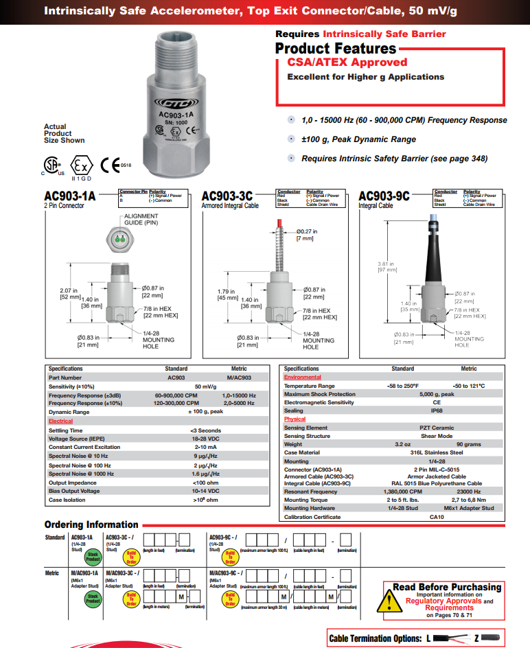  CTC本質安全加速度振動傳感器AC903技術參數