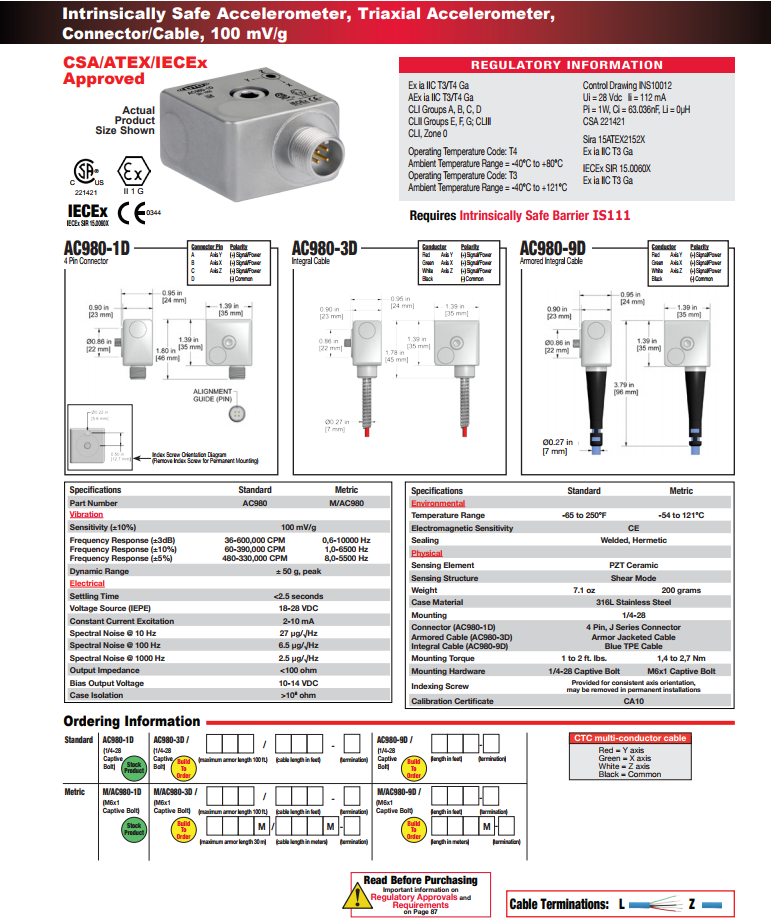 CTC本質安全三軸加速度振動傳感器AC980 技術參數