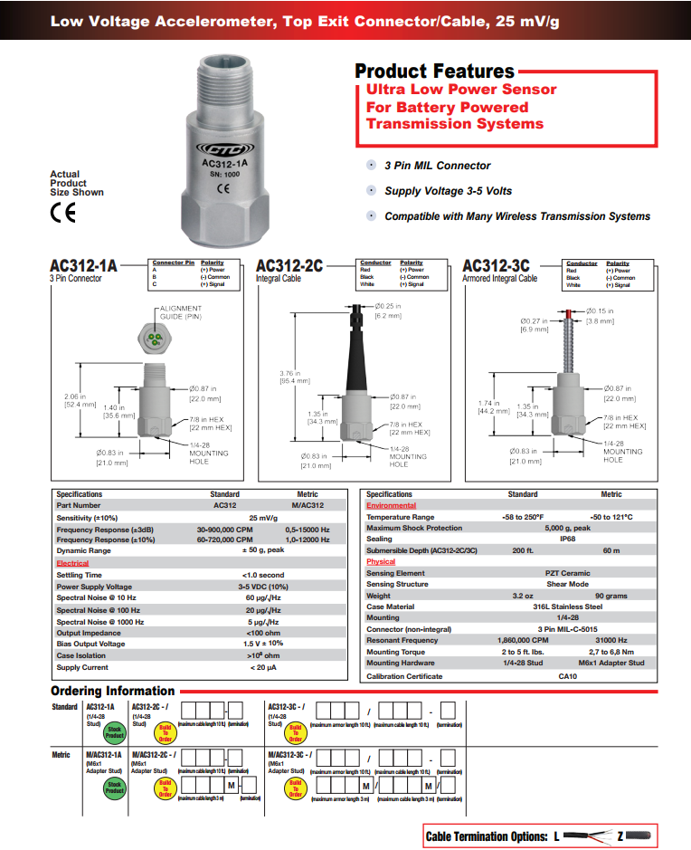 CTC 低壓加速度振動傳感器AC312技術參數