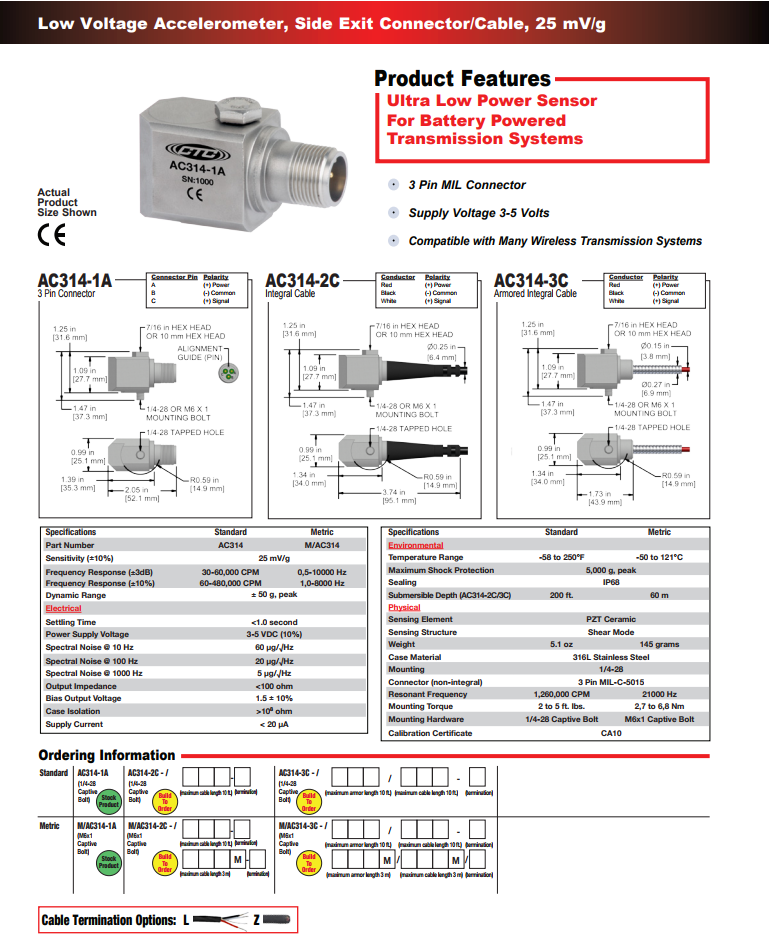 CTC低壓加速度振動傳感器AC314技術參數