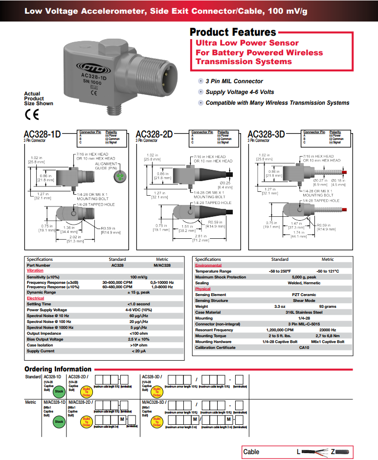 CTC緊湊型低功率加速度振動傳感器AC328技術參數
