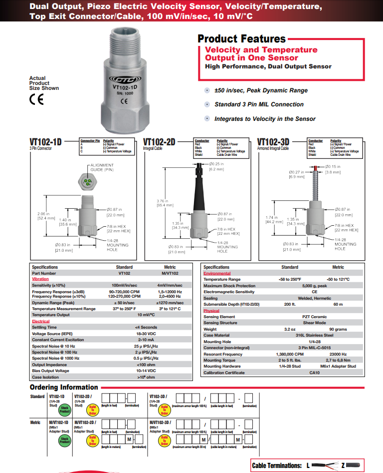 CTC 雙輸出壓電速度振動(dòng)傳感器VT102技術(shù)參數(shù)